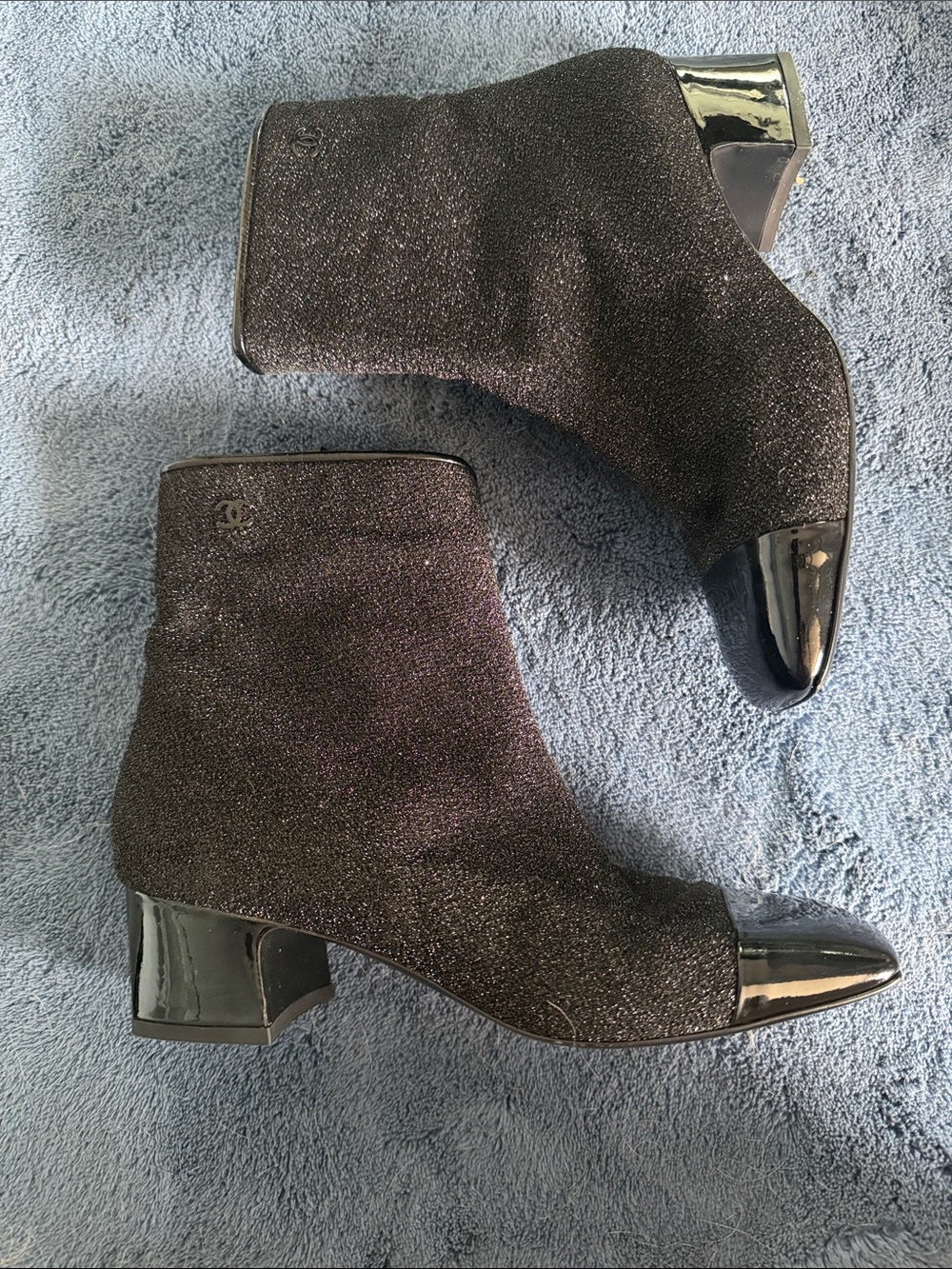 CHANEL Black Glitter Ankle Boots with Patent Toe & Heel